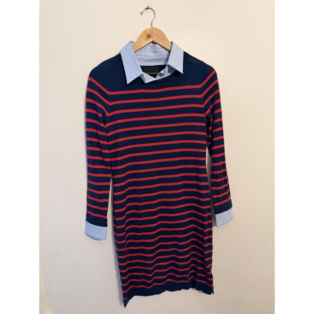 Cynthia Rowley Navy Red Striped Extrafine Merino Sweater Dress Shirt Collar  S